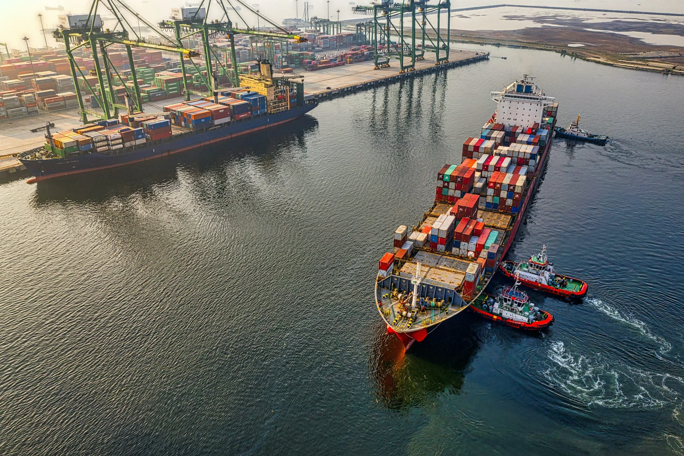 Port and cargo operations at sunset