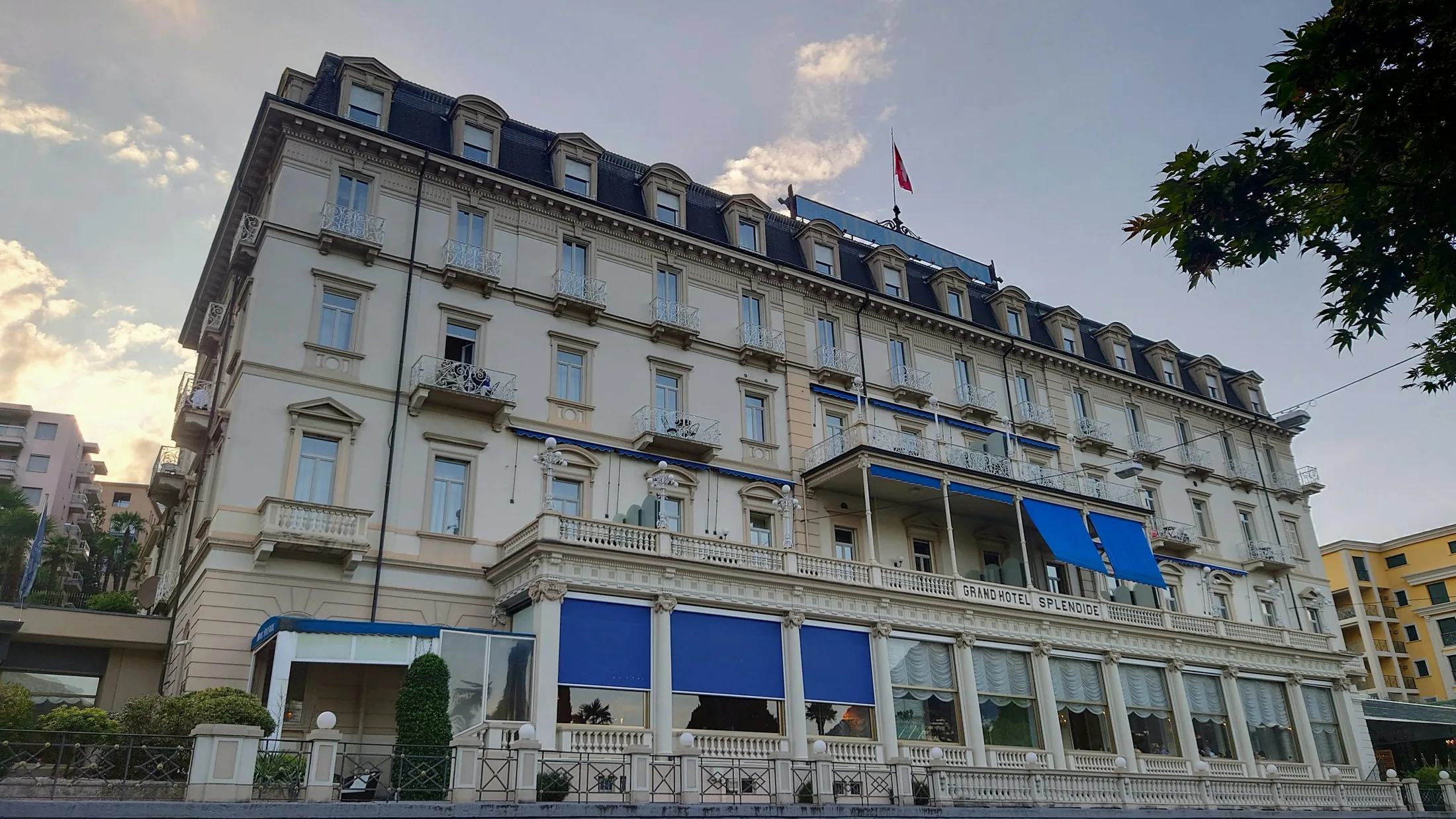 Historic hotel exterior at dusk