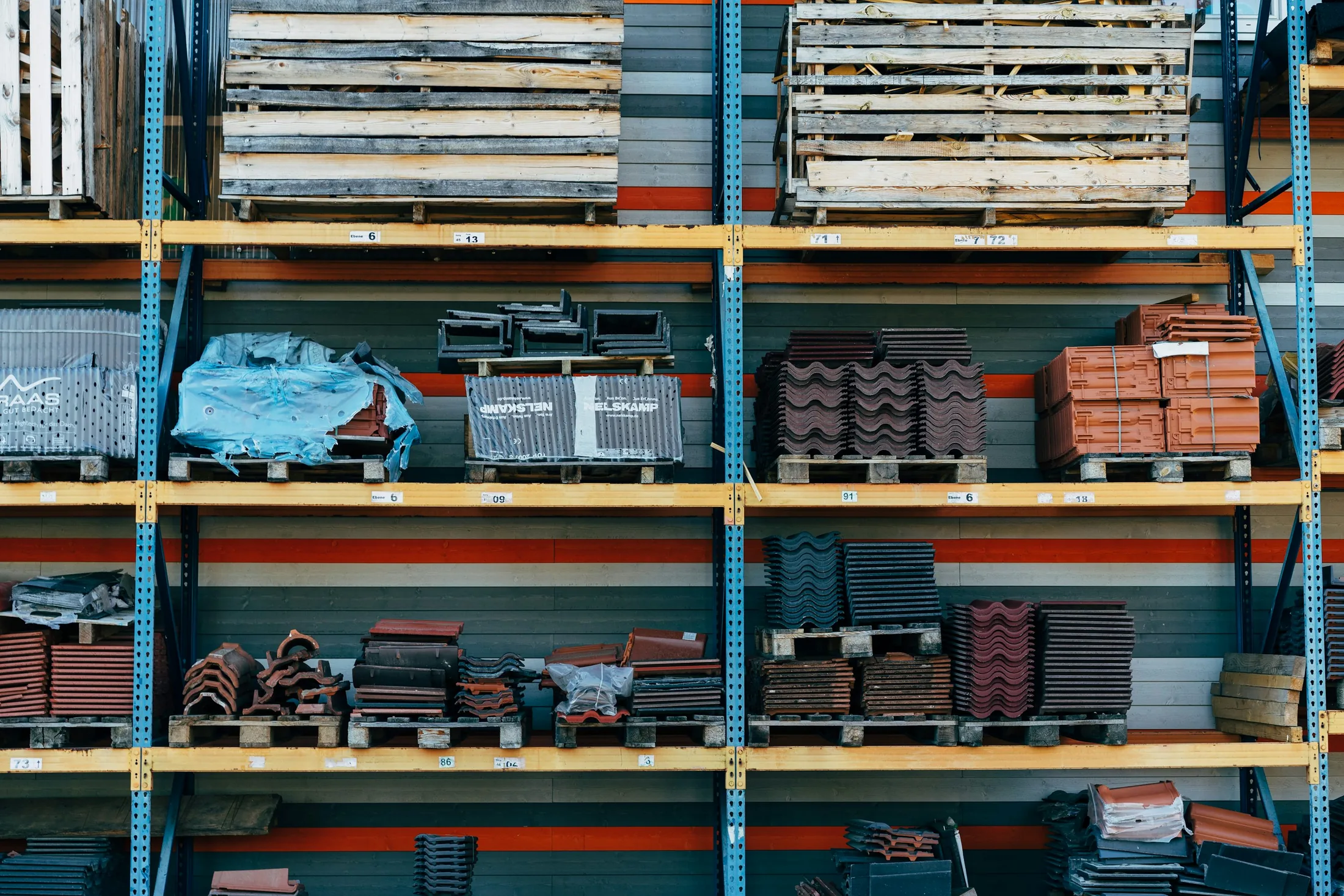 Construction materials stored in industrial racking