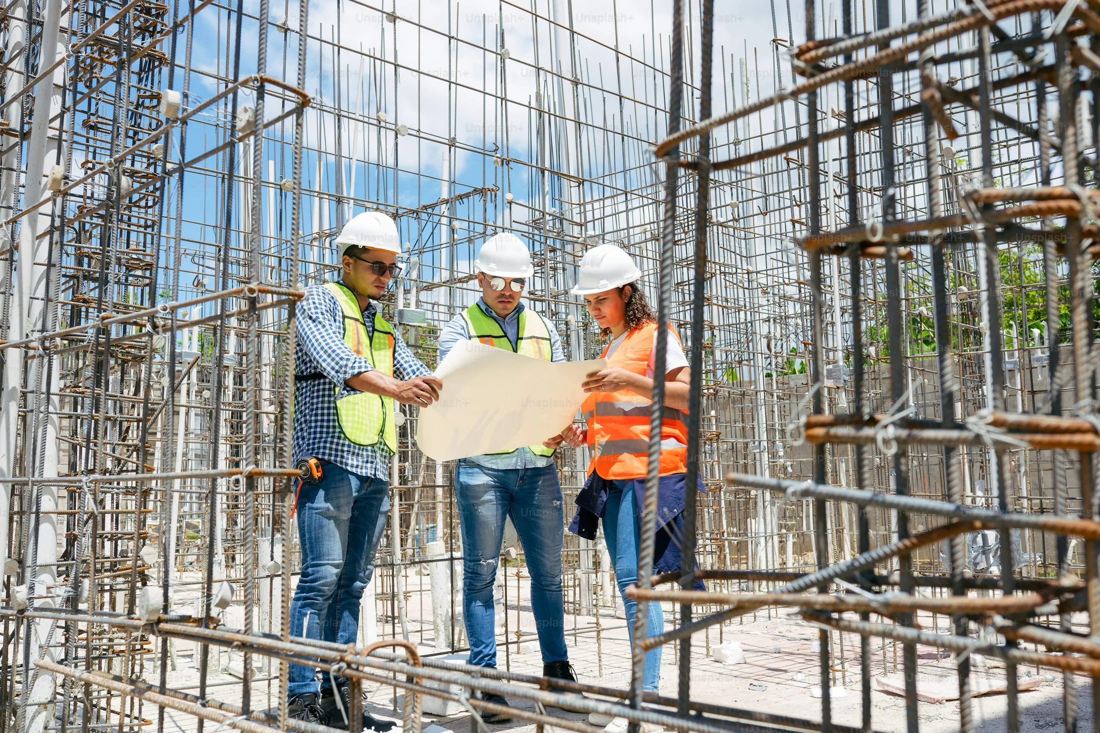 Construction professionals reviewing plans at a project site